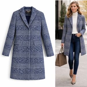 J.Crew Classic Preppy Winter Wool Blend Tailored Topcoat Navy Blue Plaid 2